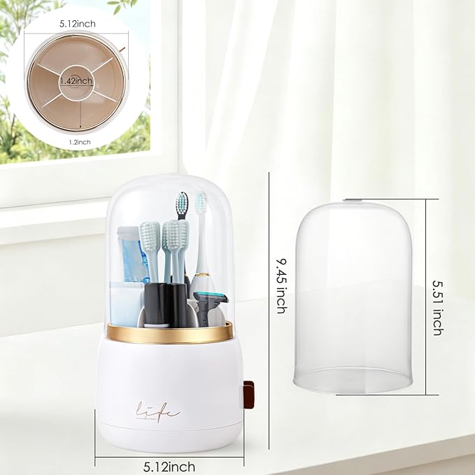 Toothbrush Holders for Bathrooms,Rotating 5-Slot with Cover and Draining Water,Kids Electric Toothbrush Holder and Toothpaste Stand Storage for Bathroom Accessories Counter Organizer Vanity