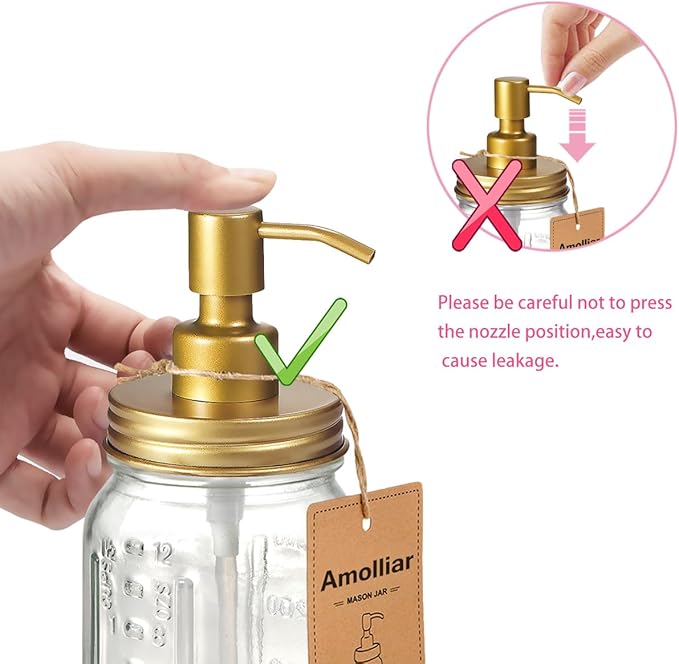 Amolliar Mason Jar Liquid Soap Dispenser -Rustproof Stainless Steel Farmhouse Decor for Bathroom Vanities,Kitchen Sink/ Liquid Soap Pumps for Hand Soap,Dish Soap,Lotions/Golden -2 Pack
