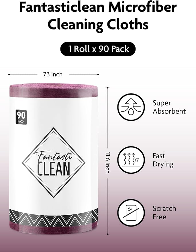 Fantasticlean Microfiber Cleaning Cloth Roll -90 Pack, Tear Away Microfiber Towels, 12" x 12", Reusable, Washable, Scratch Free, Ultra Absorbent for All-Around Cleaning Supplies (Deep Purple)