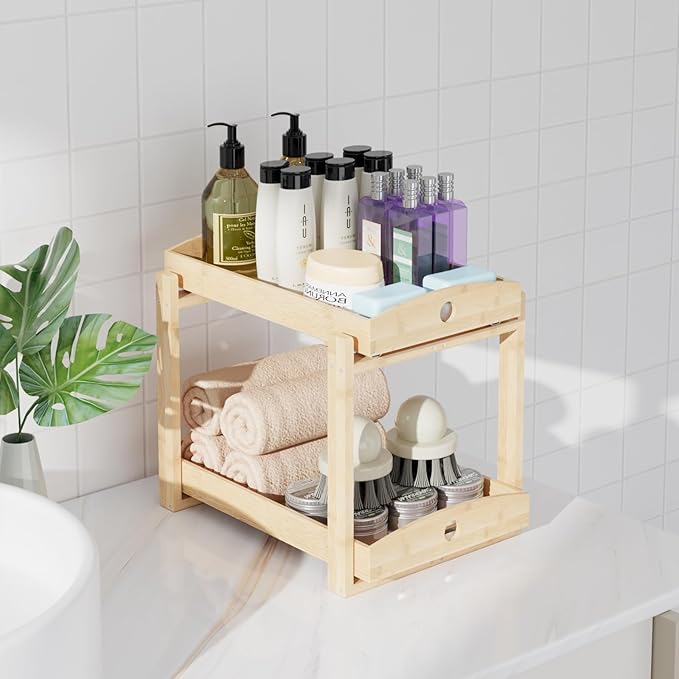 2 Pack Under Sink Organizer, Bamboo Wooden 2-Tier Pull-Out Storage with Sliding Drawers for Kitchen and Bathroom Cabinets, Easy Installation (Natural)