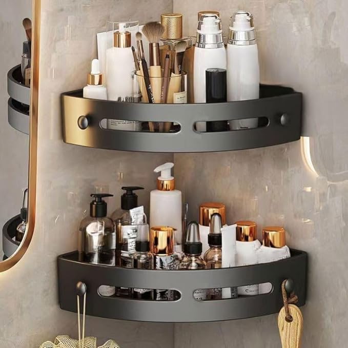 Corner Shower Caddy, Black Wall Mounted Bathroom Storage Rack, Plastic Organizer Shelf with Drainage Holes, 2 Pack, for Kitchen, Bathroom, no Cracking (Smooth Tile only no Textured Tile)