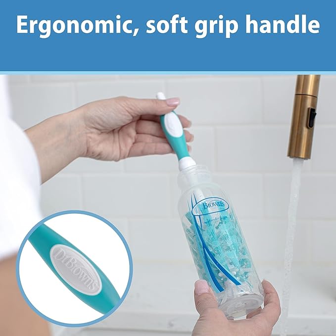 Dr. Brown's Reusable Sponge Baby Bottle Cleaning Brush, Blue and Gray + Deluxe Bottle Brush, BPA-Free, Blue, 3-Pack