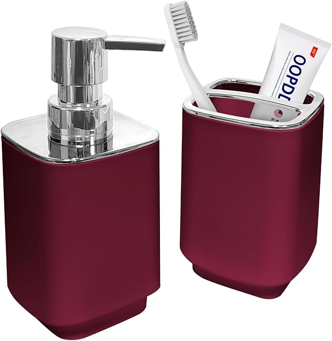 2Pack Burgundy Bathroom Accessories Set, Bohemian Bathroom Sink Set, Contain Soap Dispenser, Toothbrush Holder, Bathroom Toothbrush Holder Set
