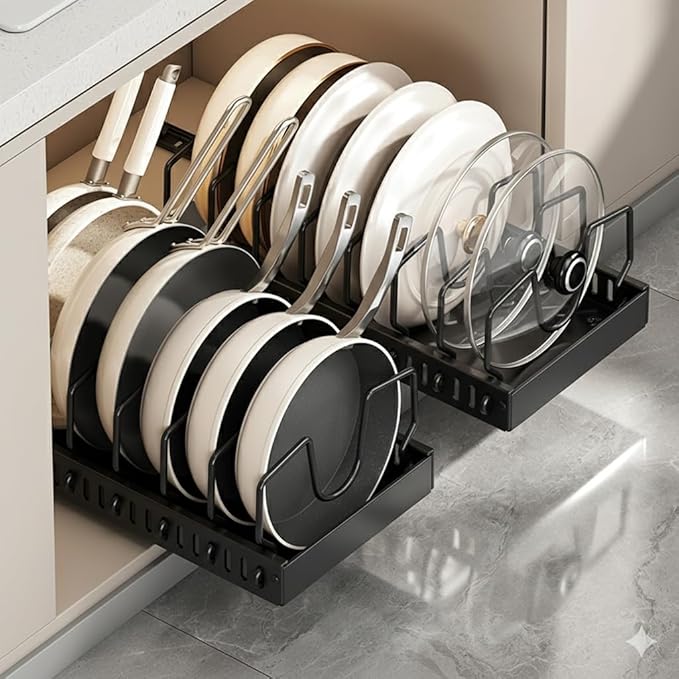 pots and pans organizer under cabinet,pot lid organizers inside cabinet holders for kitchen,Horizontal and vertical pulling modes,cast iron storage ((2pcs) Black vertical)