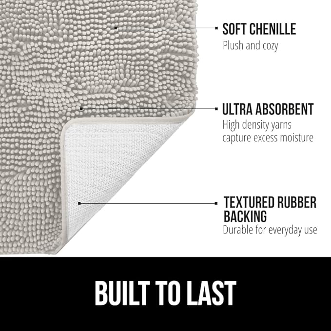 GORILLA GRIP Plush Absorbent Shaggy Chenille Bath Rug Mat for Square Toilet Base with Rubber Backing, Machine Washable Rugs, Soft Microfiber Contour Mats for Toilets, Bathroom Decor, Lt Gray