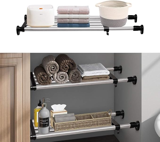 BAOYOUNI Adjustable Closet Shelf Expandable Shelves Tension Rod Hanger Space Saving Storage Rack Organizer Divider for Wardrobe, Cupboard, Kitchen, Bathroom Use, Black, 2 Pack