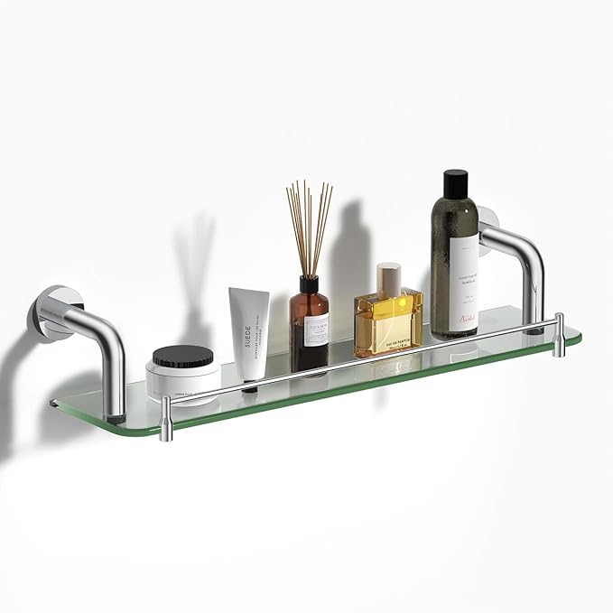 SFGSOWOR Floating Glass Shelves for Bathroom with Towel Bar Chrome Bending Style, 20 Inch Tempered Glass Shelf for Wall Shelf Sink Over Toilet