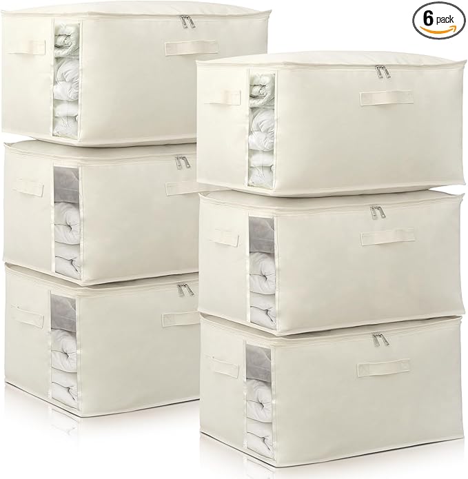 Canvas Comforters Bags Closet Organizers and Storage for Quilts Clothes Organization Containers Bins with Sturdy Zipper, Clear Window 75L for Sweaters Blankets Storage Bedroom Collapsible 6Pack