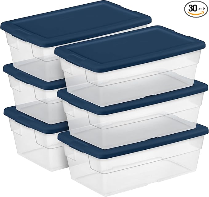 Sterilite Stackable 6 Quart Clear Home Storage Box with Handles and Blue Lid for Efficient, Space Saving Household Storage and Organization (30 Pack)