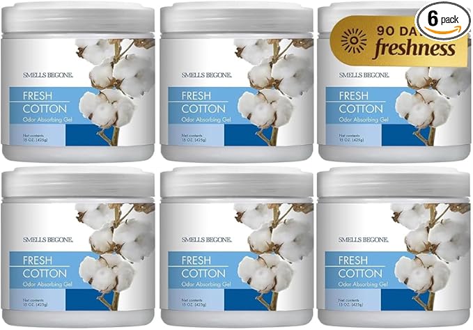 SMELLS BEGONE 15oz Gel Odor Eliminator - Absorb & Remove Tough Odors in Pet Areas, Bathrooms, Basements, Garage, Cars, RVs & Boats - Eliminate Odors Quickly (6-Pack, Fresh Cotton)