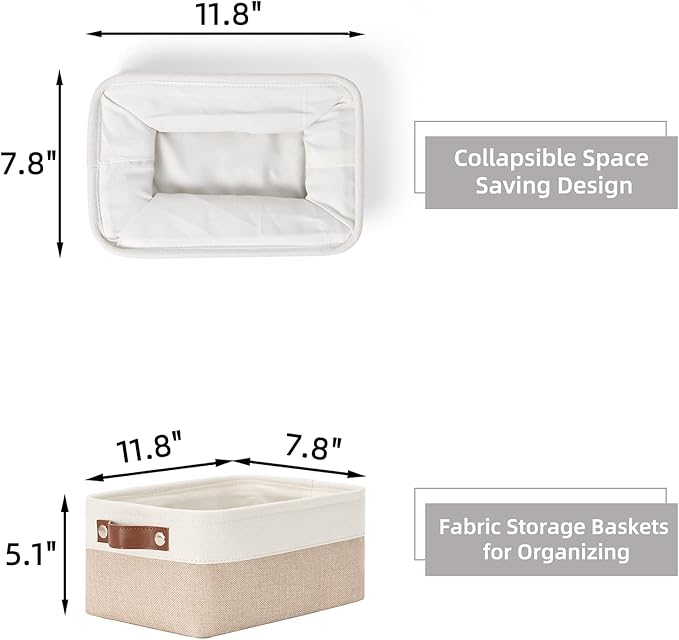 HNZIGE Small Fabric Baskets for Organizing(6 pack) Collapsible Storage Baskets for Shelves, Closets, Laundry, Nursery, Decorative Baskets for Gifts Empty (White&Beige, 11.8" x 7.8" x 5.1")