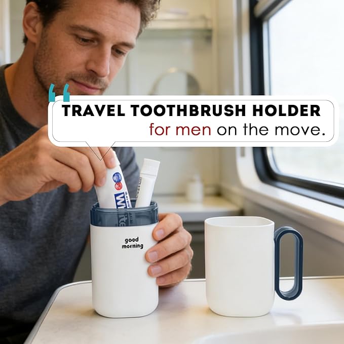 Toothbrush Travel Case,Toothbrush Holder and Rinse Cup with Handle Travel Toothbrush Cup,Multifunctional Toothbrush Covers,Large Capacit Travel Toothbrush Holder with Mouthwash Cup (Blue)