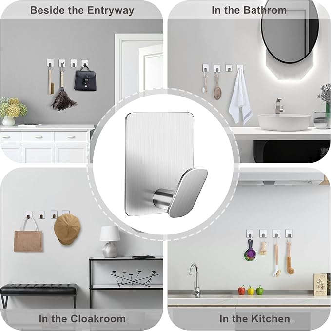 DELITON Adhesive Towel Hooks on Wall: Robe Hooks for Hanging Clothes Hats Stick on Bathroom/Kitchen SUS 304 Stainless Steel Silver