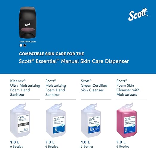 Scott Professional Essential High Capacity Manual Soap and Hand Sanitizer Dispenser (92145), 1.0 L Capacity, Black, Wall Mounted, Commercial Grade, 4.85" x 8.36" x 5.43" (Qty 1)