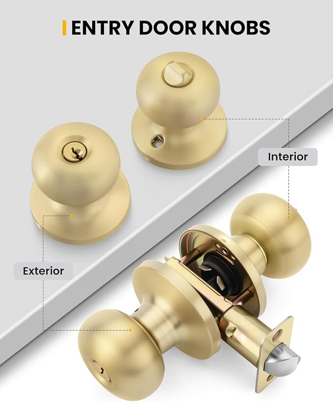 Goldenwarm Keyed-Alike Gold Exterior Door Knob with Lock and Key, Front Door Knob, Brushed Gold Door Knobs Exterior Entry 1 Pack