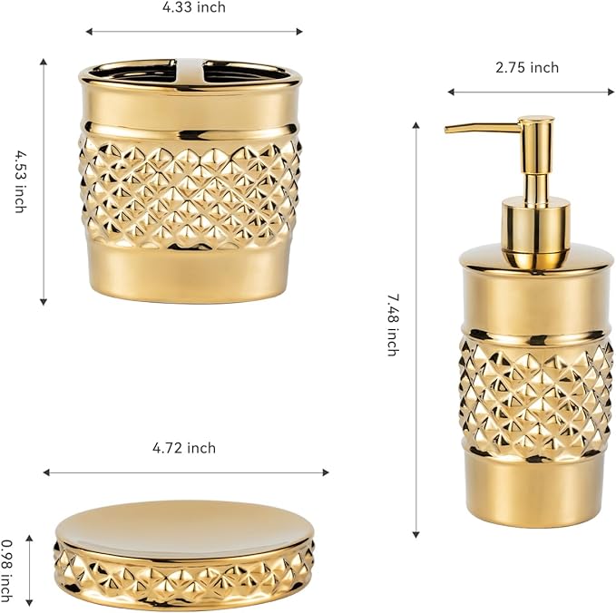 3-Piece Gold Ceramic Bathroom Accessories Set - Luxurious Soap Dispenser, Toothbrush Holder & Soap Dish with Modern Geo Embossed Design for Bathroom Accessory Set