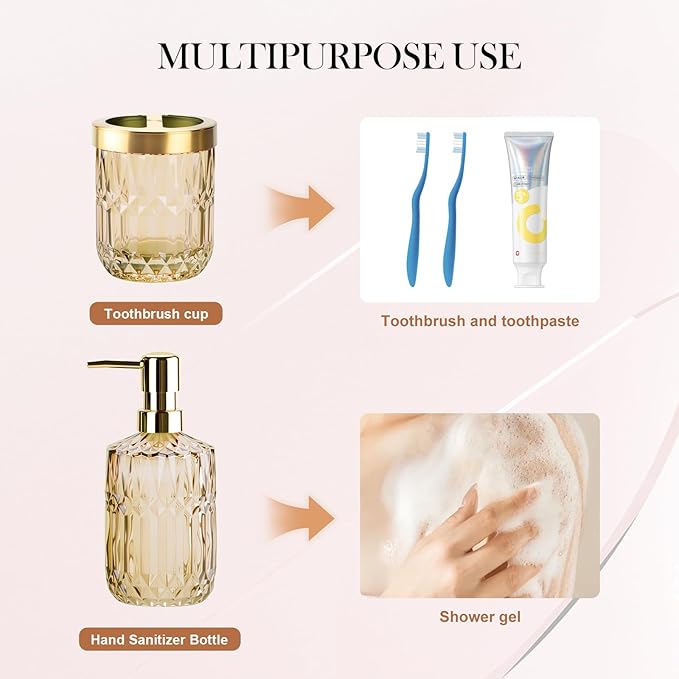 Glass Bathroom Accessories Set, 2PCS Clear Glass Bathroom Accessory, Toothbrush Holder and Soap Dispenser Set for Modern Bathroom Decor(Amber)