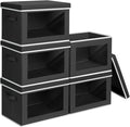 Stackable Storage Bins with Lids - Medium Storage Box with Lids, Foldable Closet Boxes for Organizing, Wardrobe Clothes Organizer with Window, Cubes Bins for Living Room, 5 Pack, Black