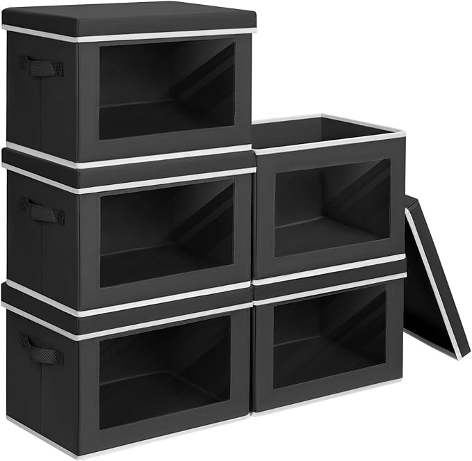 Stackable Storage Bins with Lids - Medium Storage Box with Lids, Foldable Closet Boxes for Organizing, Wardrobe Clothes Organizer with Window, Cubes Bins for Living Room, 5 Pack, Black