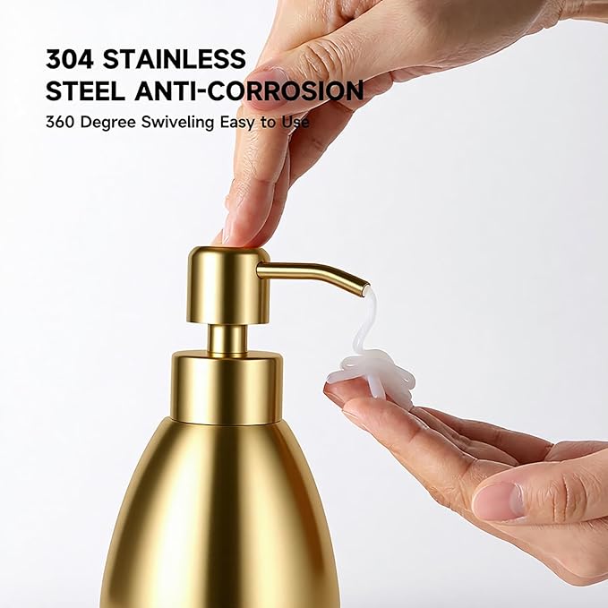 304 Stainless Steel Soap Dispenser 16oz Rust-Proof Liquid Soap Pump Bottle for Kitchen or Bathroom Countertop Hand Dish Lotion Leak-Proof (Matte Gold)