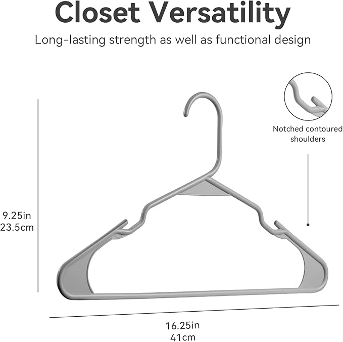Plastic Hangers - 50 Pack,Durable Space Saving Hangers for Everyday Use and Dorm Room Essentials - Grey