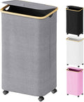 SUOCO Laundry Hamper on Wheels 100L, Clothes Basket with Lid and Bamboo Handles, Foldable Laundry Hamper for Bedroom, Bathroom, Dorm, Laundry Room - Grey
