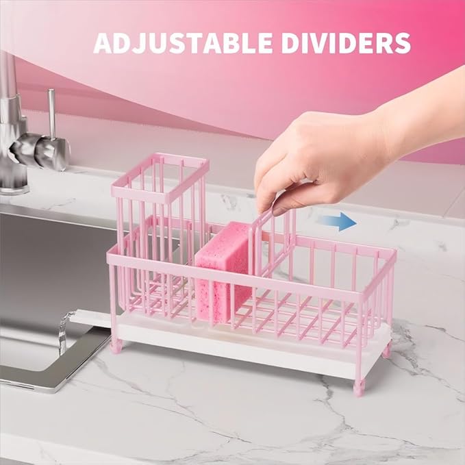 Cisily Sponge Holder for Kitchen Sink, Sink Caddy Organizer with High Brush Holder, Kitchen Countertop Organizers and Storage Essentials, Rustproof 304 Stainless Steel (Pink, 9.25″)