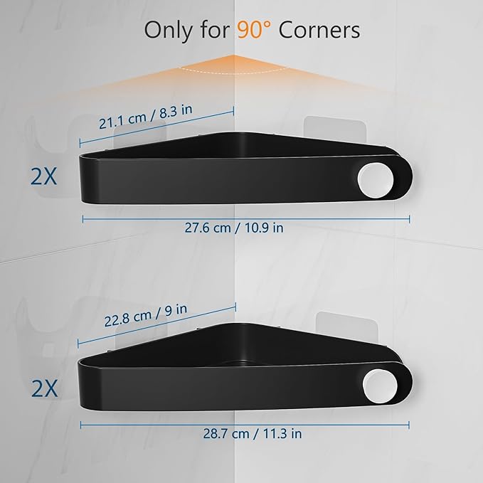 Sotfamily Plastic Shower Caddy Corner (For 90° Only), 4 Pack Adhesive Corner Shower Shelves for Bathroom Organizers and Storage, Black