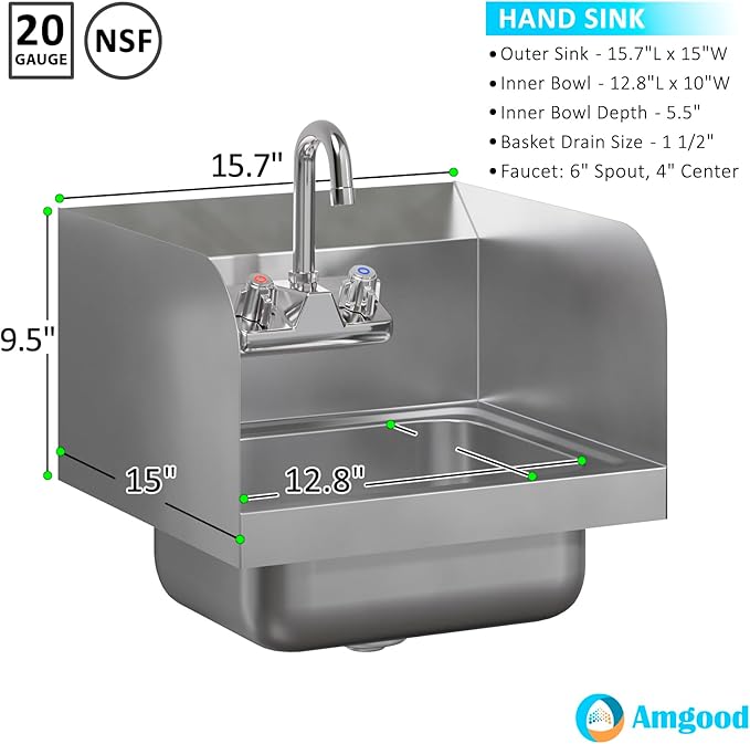 15 in. x 15 3/4 in. NSF Certified Stainless Steel Hand Sink with Side Splash Guards- Commercial Wall Mount Hand Basin with Faucet. Ideal for Restaurants, Bars, Kitchens, and Stores
