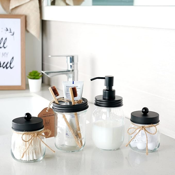 Amolliar Mason Jar Bathroom Accessories Set 4 Pcs -Lotion Soap Dispenser & 2 Cotton Swab Holders & Toothbrush Holder - Rustic Farmhouse Decor, Bathroom Home Decor, Perfect Decorating Idea (Black)