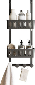 Zenna Home SnugFit Over the Door Caddy Organizer with 2 Storage Baskets and 4 Hooks, Over Door Hanging Organizer for Bathroom, Kitchen, Bedroom, Closet, Easy to Install, No Drilling, Black