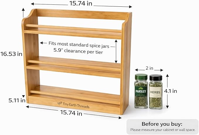 Bamboo Spice Rack Organizer – 3 Tier Countertop or Wall Mounted – Solid Natural Bamboo – Kitchen Spice Shelf Storage – Space Saving Organizer