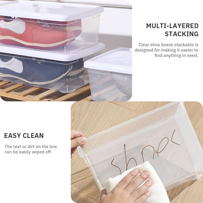 8 PCS Plastic Shoe Boxes Clear Stackable Storage Bins with Lids See-Through Rectangular Storage Boxes Durable Lidded Shoe Boxes for Home and Art Supplies (White)