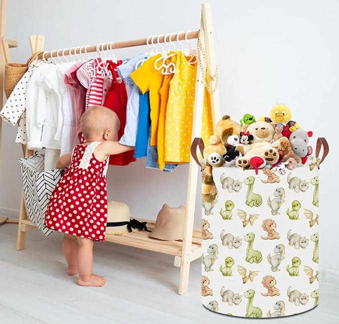 19.7" Laundry Basket,Dirty Clothes Hamper,Waterproof Storage Bin,Room Decor,Gift Baskets,Nursery Hamper(Watercolor Dinosaur)