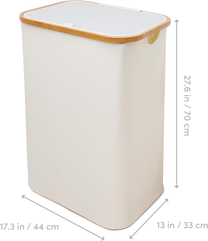 QUALIAZERO 87L Laundry Hamper with Lid – Single Section Bamboo Frame Hamper with Removable Inner Bag & Pull-Tab Cover, Slim Design for Bedroom, Bathroom, or Laundry Room (FEATHER CREAM, SINGLE)