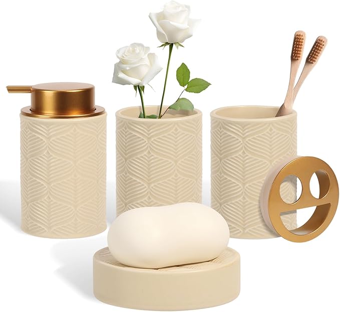 Ceramic Bathroom Accessories Set, 4 Pcs-Includes Lotion Soap Dispenser, Toothbrush Holder, Vanity Tray, and Tumbler, Modern Bathroom Decor Organizer with Soap Dish, Apothecary Jar, Beige Color