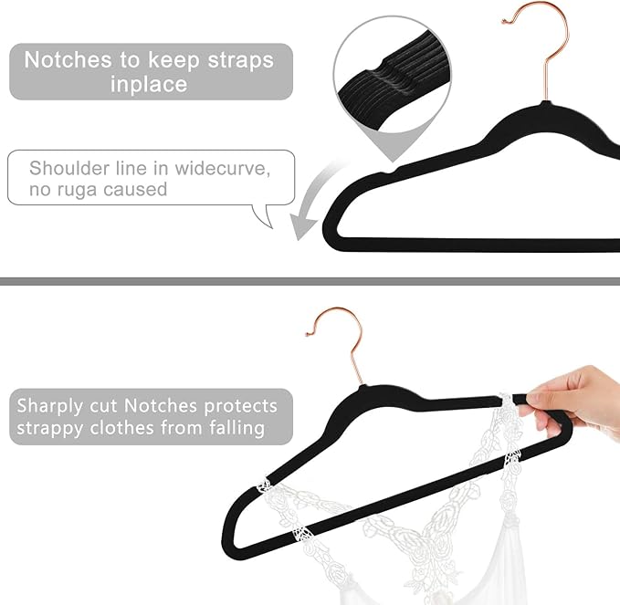 MIZGI Kids Velvet Hangers,Non-Slip Big Kids Hangers,14 Inch Hangers for Youth,Teen Clothes,Pack of 50（Black/Rosegold）