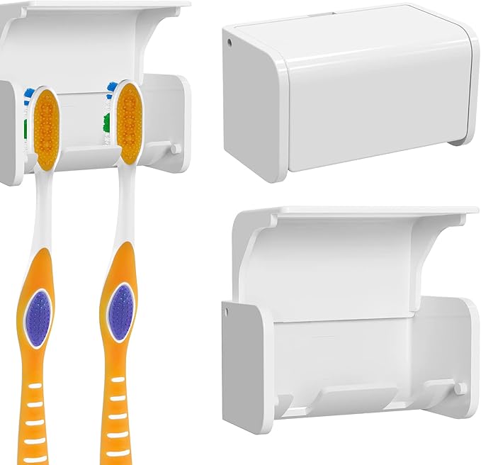 2 Pcs Toothbrush Holder Wall Mounted with Cover for Bathroom, 2 Slots Toothbrush Storage Organizer for Shower, Self Adhesive Toothbrush Hanger Rack for Dorm, Cabinet