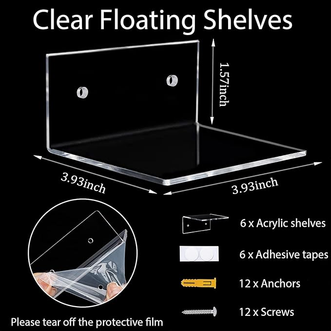 PuzFun 6 Pack Small Acrylic Floating Shelves for Wall, Wall Mounted Hanging Display Shelves for Plants, Funko Pop Figures, Adhesive Shelf for Bedroom, Picture Toy Clear Display Shelf