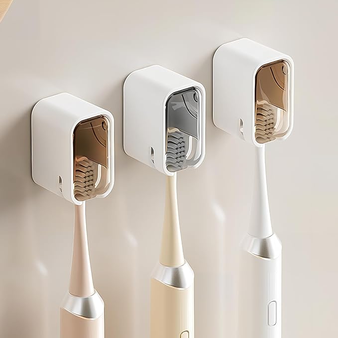 Wall Mounted Toothbrush Holders for Bathroom,Strong Self Adhesive Tooth Brush Holder with Cover, Toothbrush Heads Organizer for Family, 3 Pcs
