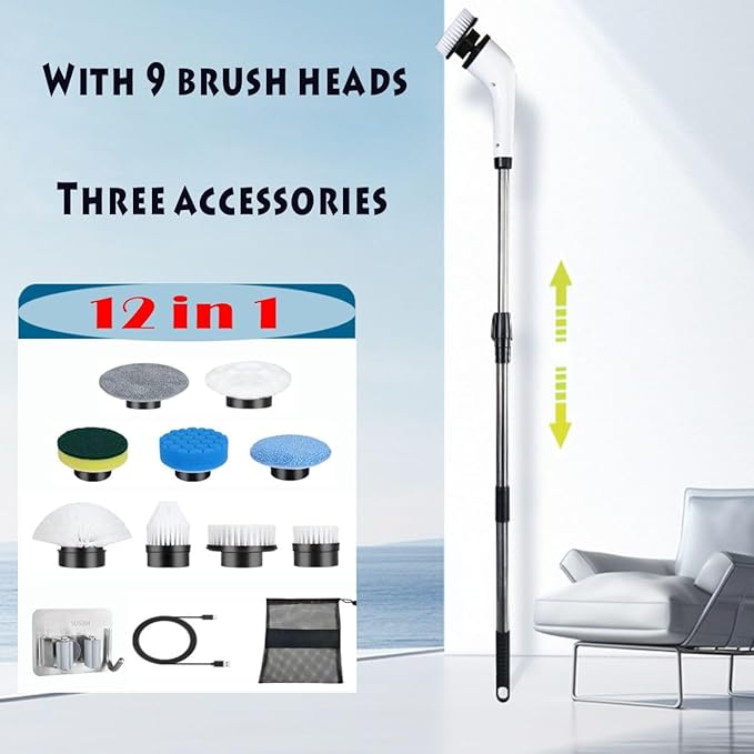Electric Spin Scrubber,IPX7 Waterproof Cordless Power Cleaning Brush,Shower Cleaning Brush,2-Speed with 9 Replaceable Brush Heads, with Adjustable Extension Handle for Bathroom,Kitchen,Glass,Car