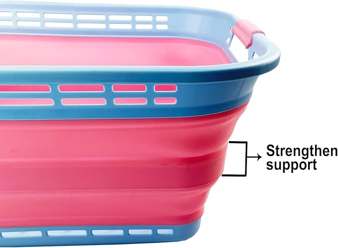 SAMMART 42L (11 Gallons) Collapsible Plastic Laundry Basket - Foldable Pop Up Storage Container/Organizer - Portable Washing Tub - Space Saving Hamper[BPA Free] (Cool Blue/Maglia Rosa (Set of 2))