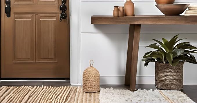 Natural Wicker Door Stopper with Handle, Decorative Door Stop, Heavy Indoor Doorstop, Rustic Farmhouse Blocker Jammer 5.1''D x 7.5''H (Jute)