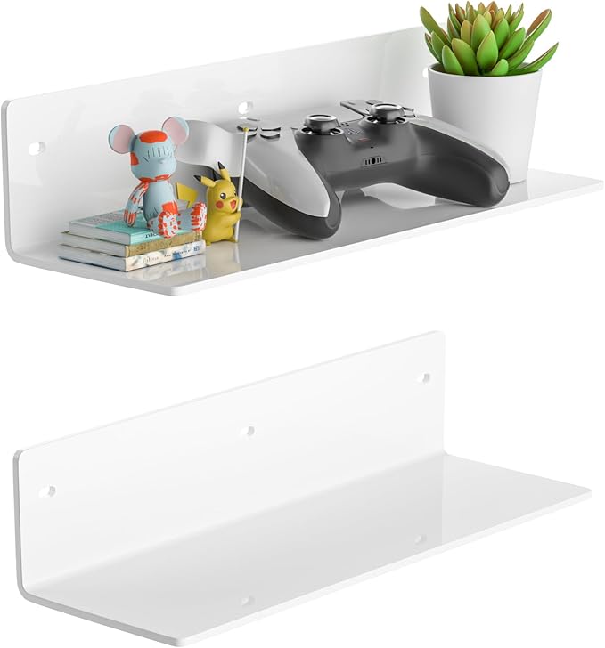 12 Inches White Acrylic Wall Shelves Set of 2, Wall Mounted Shelves for Plants, Speaker, Camera, Toiletries, Spice Jars, Coffee, Candles, Shoes, 2 Pack