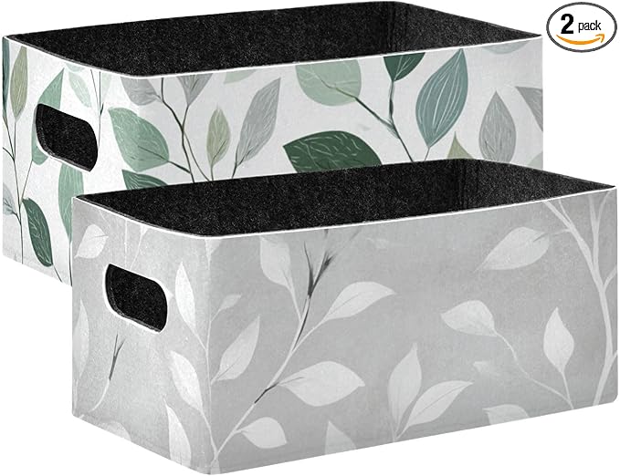 Sage Green and Grey Leaves Closet Storage Bins 2 Pcs Felt Open Home Storage Containers Organizer with Handles Collapsible Shelf Basket for Home Office Craft Room Classroom Fabric