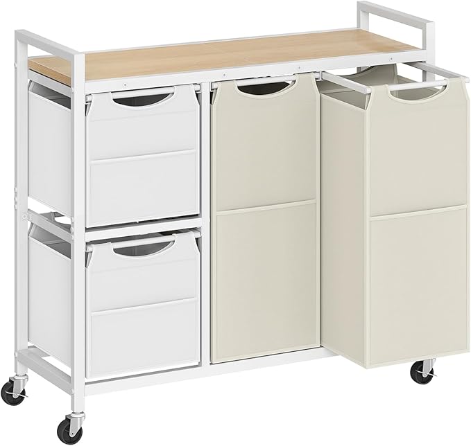 HOOBRO Laundry Sorter with 4 Section, 39 Gal. (147 L) Laundry Hamper with Wheels, Rolling Laundry Basket with Shelves, Pull-Out Detachable Bags, Side Pockets, White, Natural and Beige WNE14XY01N1