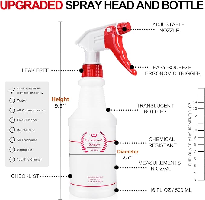 Plastic Spray Bottle (4 Pack, 16 Oz, All-Purpose) Heavy Duty Spraying Bottles Leak Proof Mist Empty Water Bottle for Cleaning Solution Planting Pet with Adjustable Nozzle and Measurements