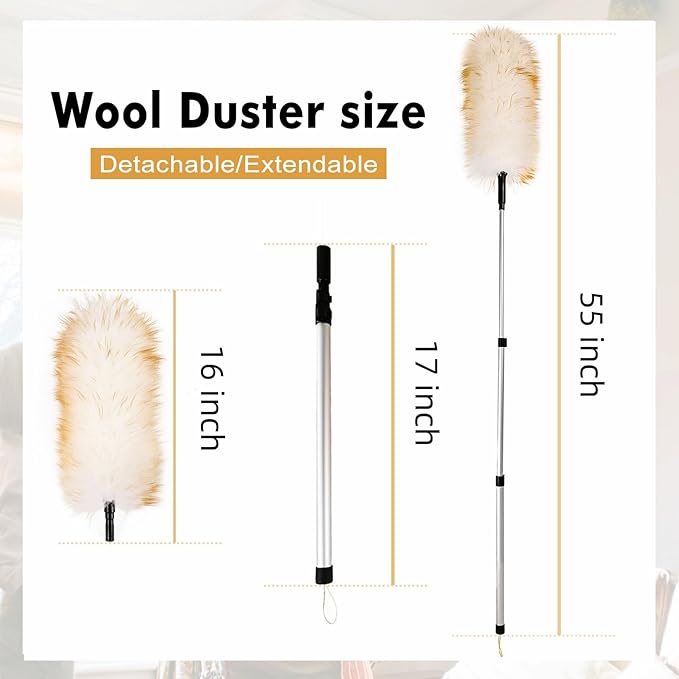 Lambswool Duster Extendable 31-55 Inch, Natural Electrostatic Feather Duster for Cleaning with Aluminum Extension Pole Reusable for High Ceilings, Fans, Blinds, Furniture, Interior & Roof Dusting