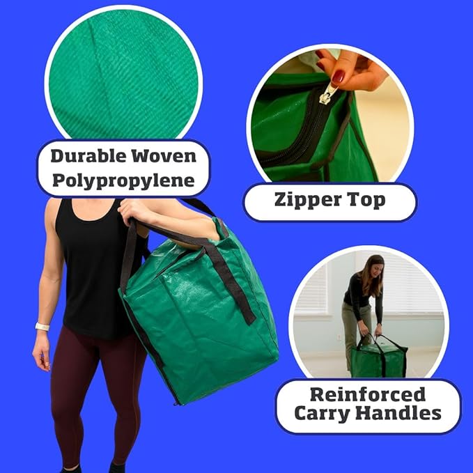 DURASACK Heavy Duty Storage Tote Bag with Zipper Top 22-Gallon Rugged Woven Polypropylene Moving Bag, Reusable Self-Standing Design, Holds up to 500 Pounds, Pack of 4, Green
