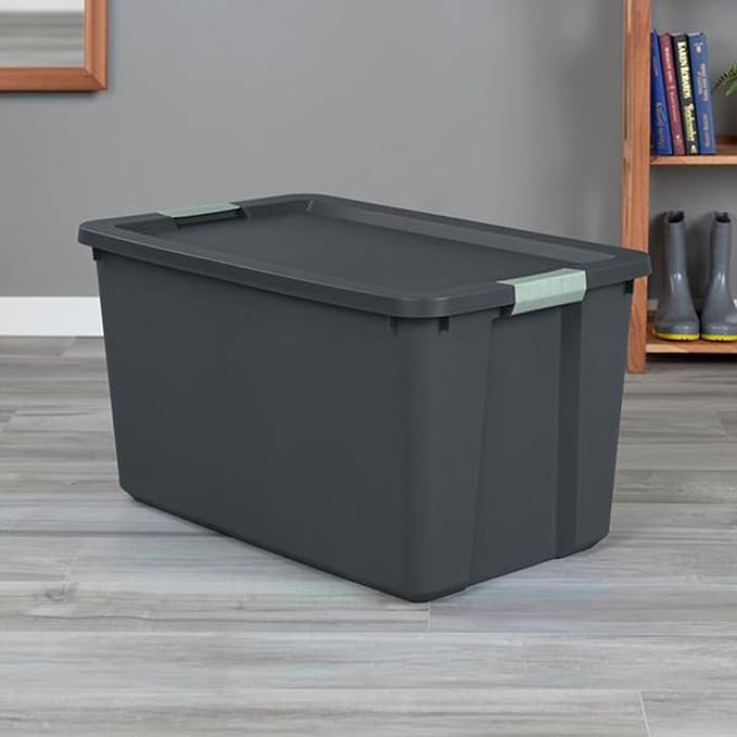 Sterilite 12 Pack 34 Gallon Latch Tote, Stackable Plastic Storage, Gray/Green